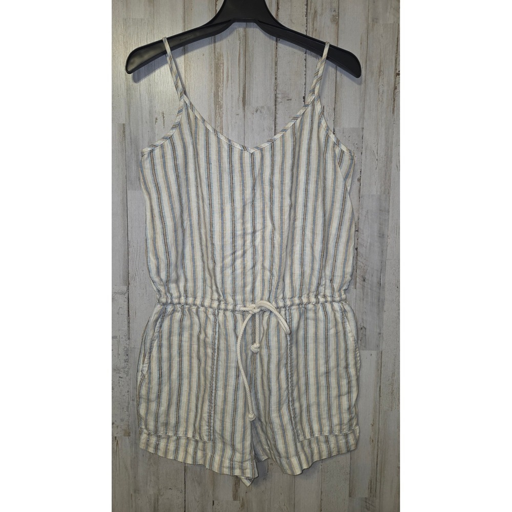 Lou & Grey M Striped 100% Linen Romper Strap Cami One-Piece shorts Resort